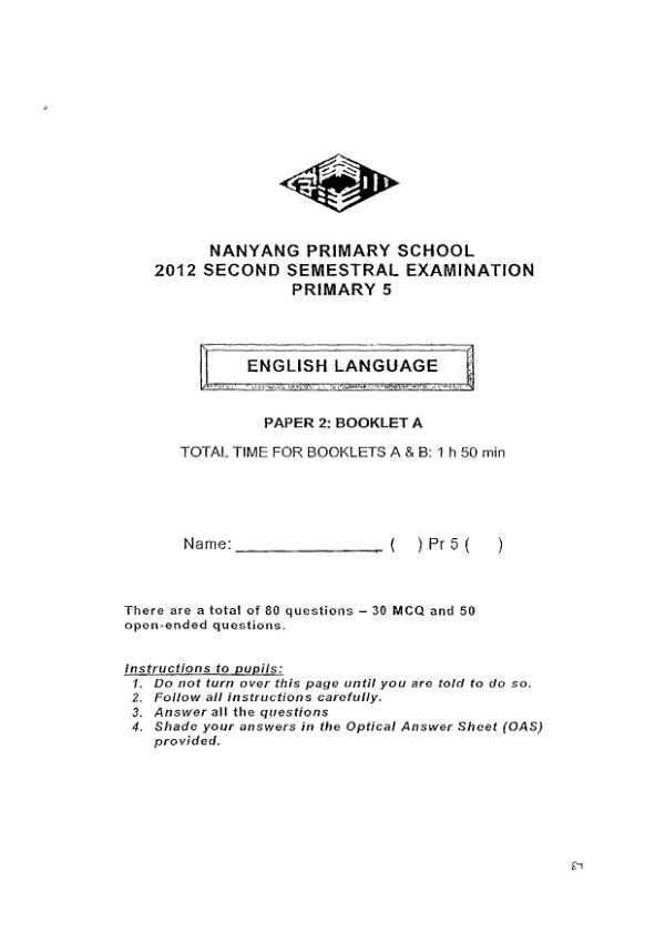 Nanyang P5 Eng SA2 2012 exam paper PDF preview