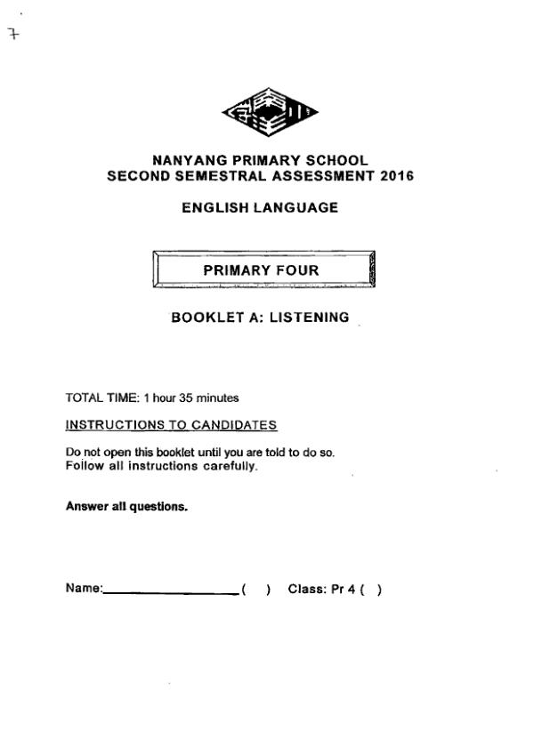 Nanyang P4 Eng SA2 2016 exam paper PDF first page preview