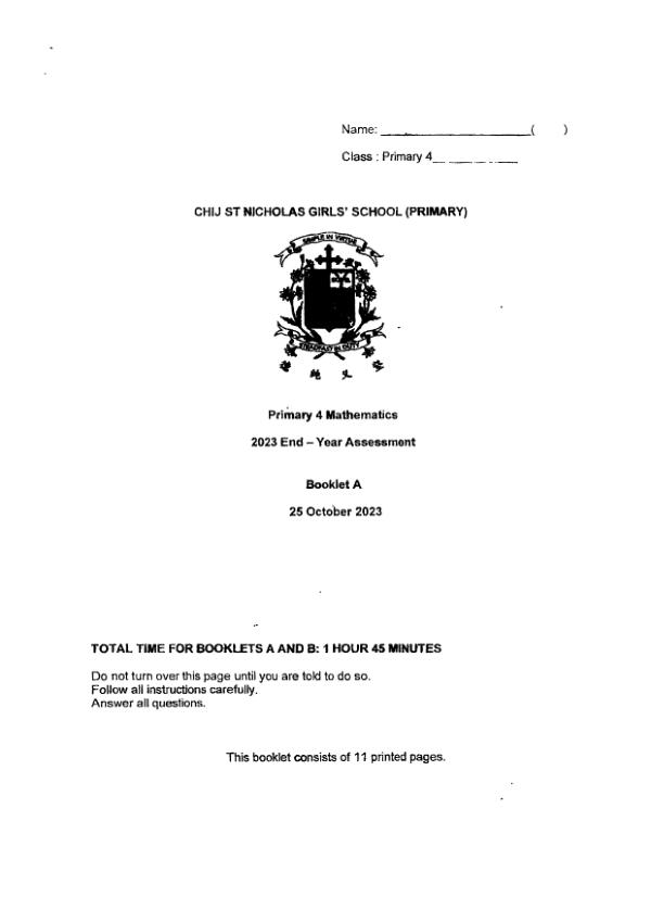 First page preview of P4 Math 2023 SA2 — CHIJ