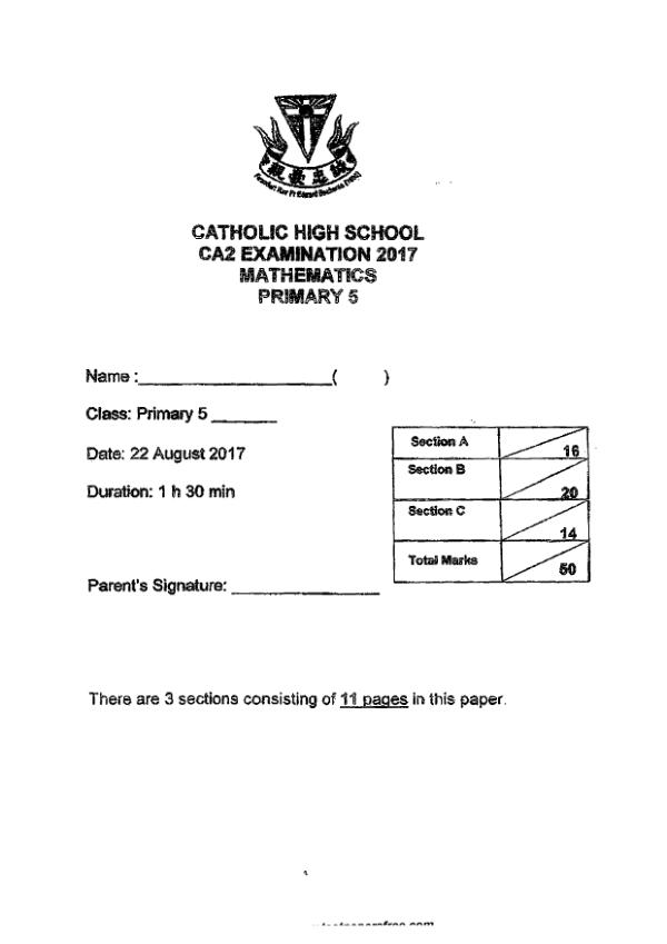 First page preview of P5 Math 2017 WA3 — Catholic High
