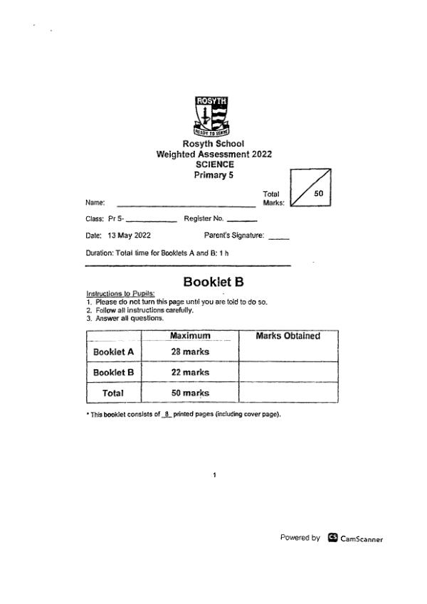 Rosyth P5 Sci WA3 2022 exam paper PDF first page preview
