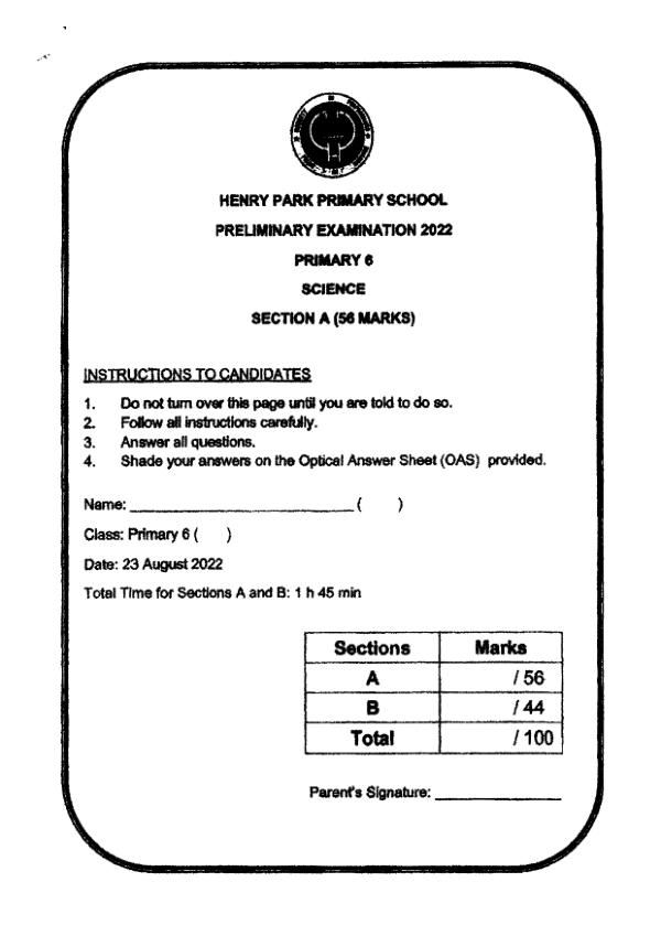 Henry Park P6 Sci SA2 2022 exam paper PDF preview