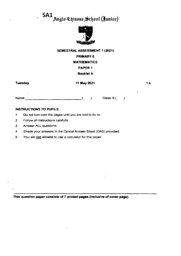 First page preview of P6 Math 2021 WA2 — Anglo Chinese