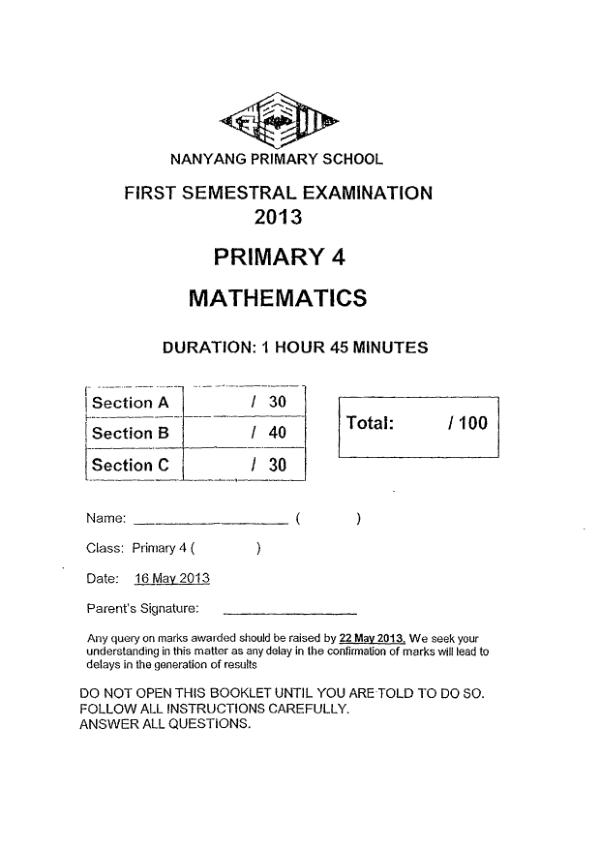 Nanyang P4 Math WA2 2013 exam paper PDF first page preview