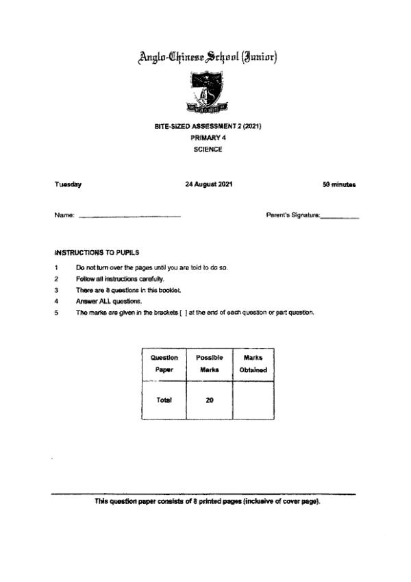Anglo Chinese P4 Sci WA3 2021 exam paper PDF preview