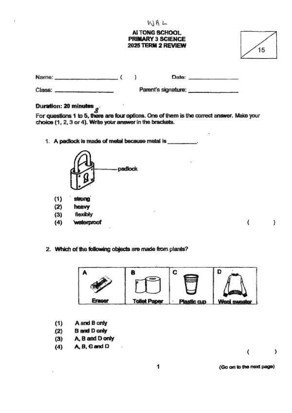First page preview of P3 Sci 2025 WA2 — Ai Tong