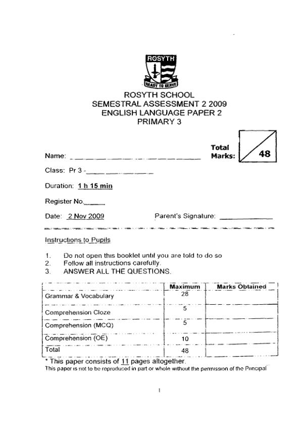 Rosyth P3 Eng SA2 2009 exam paper PDF first page preview