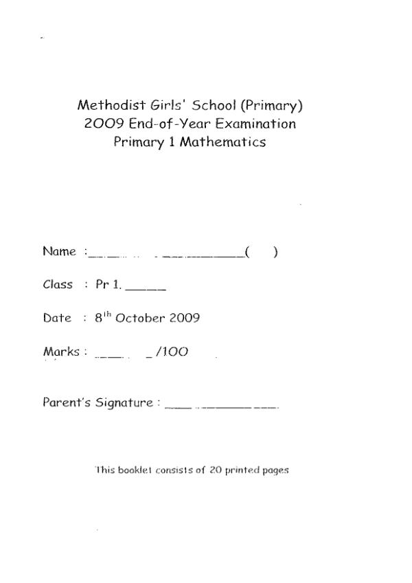 Methodist Girls P1 Math SA2 2009 exam paper PDF preview