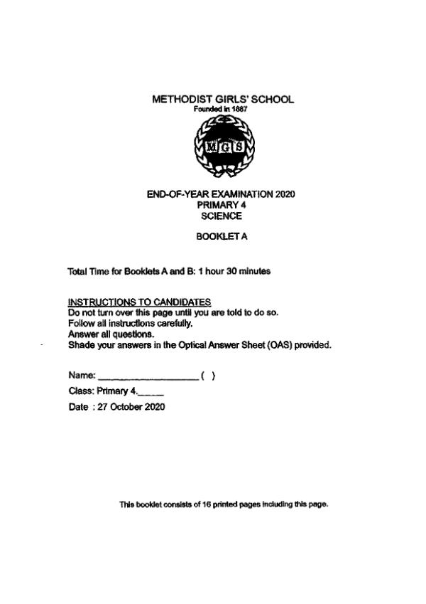 Methodist Girls P4 Sci SA2 2020 exam paper PDF first page preview
