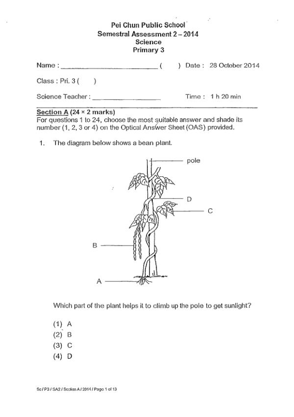 Pei Chun P3 Sci SA2 2014 exam paper PDF first page preview