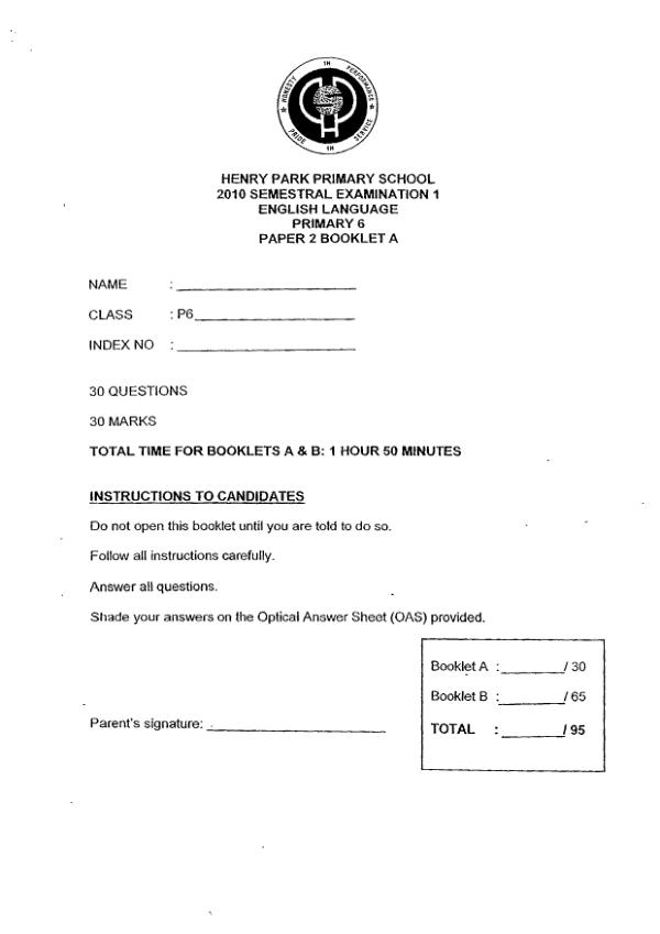 Henry Park P6 Eng WA2 2010 exam paper PDF first page preview