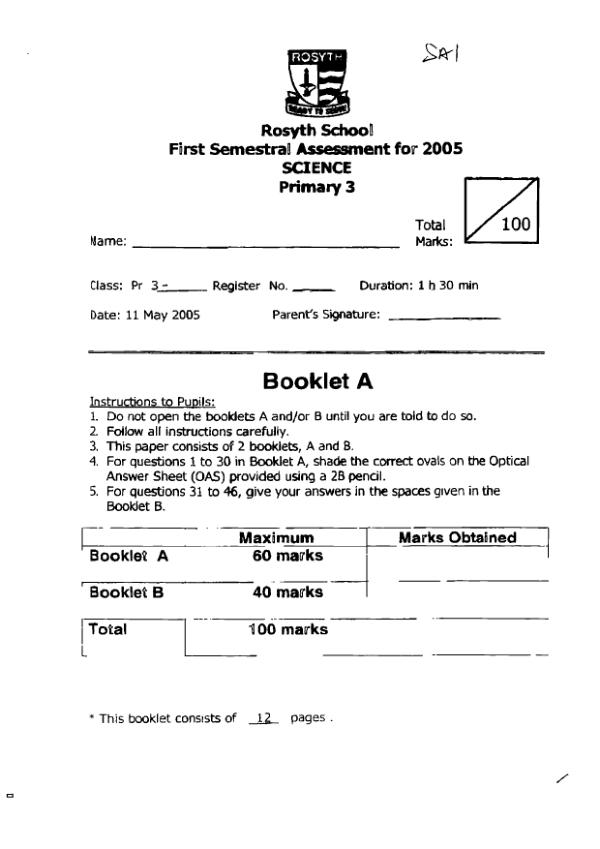 Rosyth P3 Sci WA2 2005 exam paper PDF preview