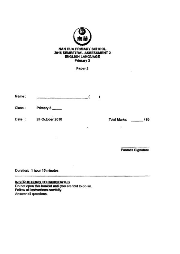 Nan Hua P3 Eng SA2 2016 exam paper PDF first page preview