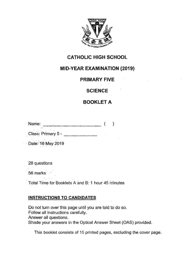 Catholic High P5 Sci WA2 2019 exam paper PDF first page preview