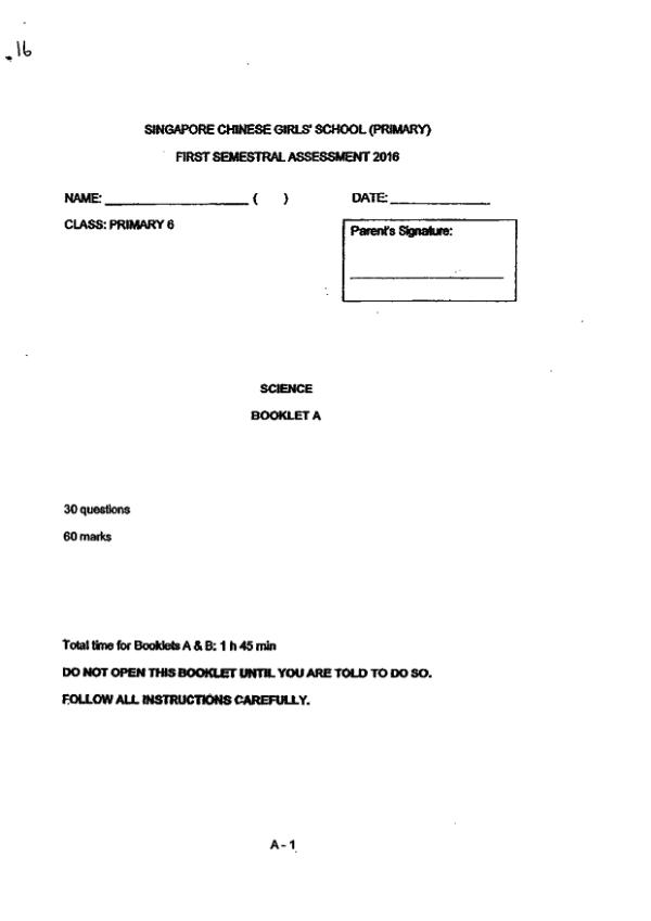 Singapore Chinese Girls P6 Sci WA2 2016 exam paper PDF preview
