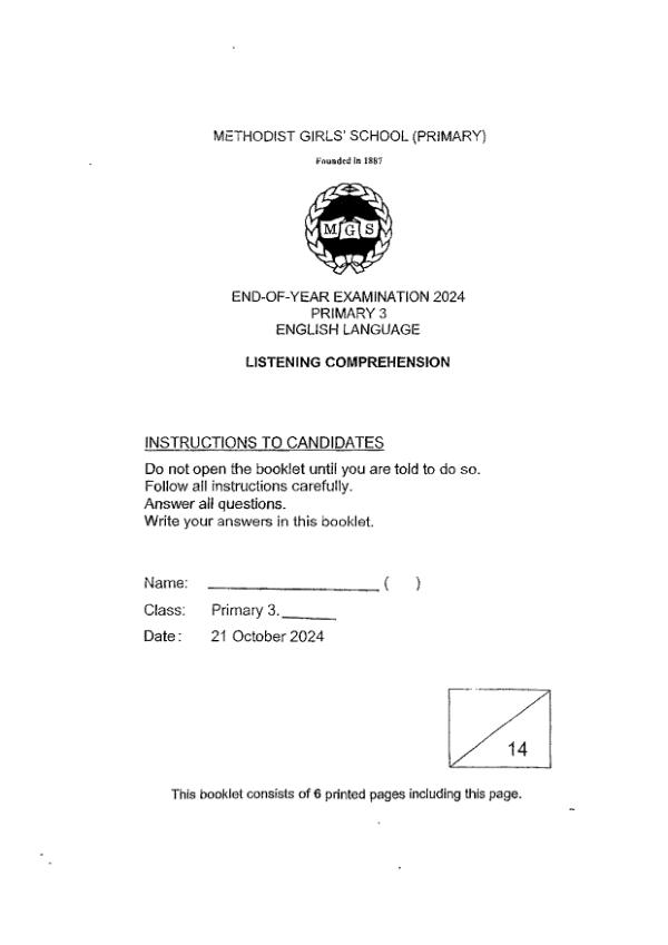 First page preview of P3 Eng 2024 SA2 — Methodist Girls