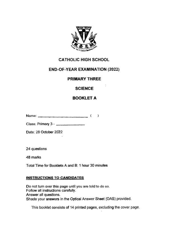Catholic High P3 Sci SA2 2022 exam paper PDF preview