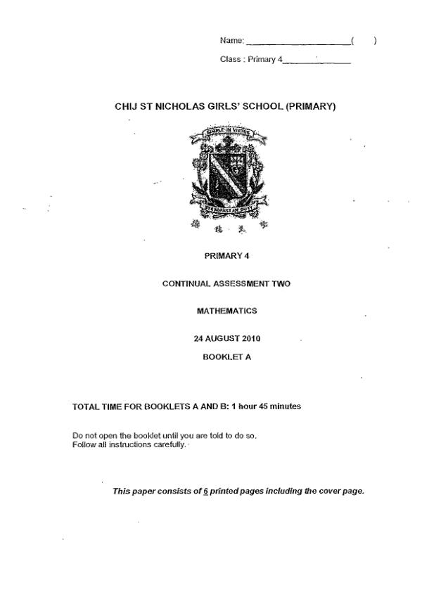 CHIJ P4 Math WA3 2010 exam paper PDF preview