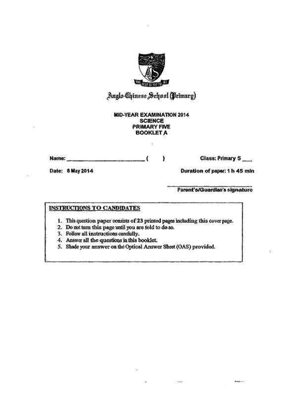Anglo Chinese P5 Sci WA2 2014 exam paper PDF preview