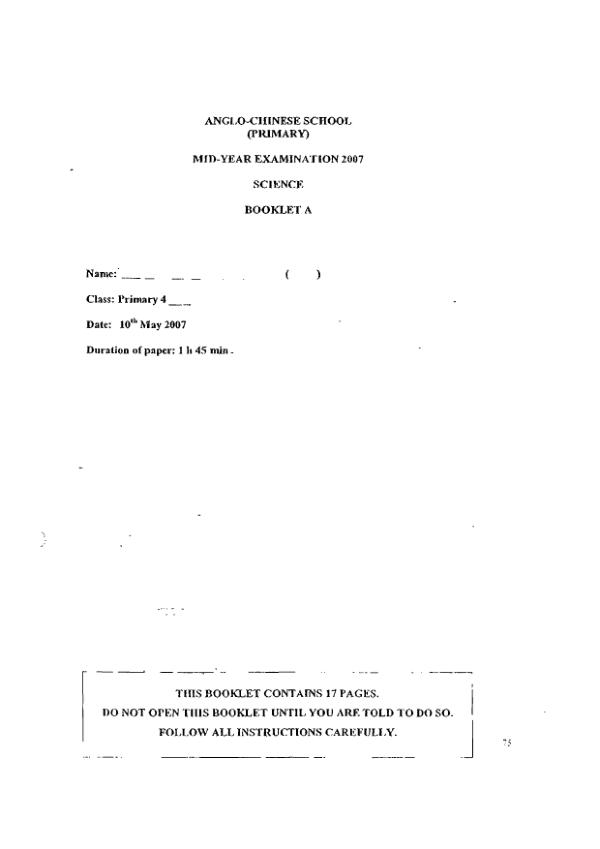 Anglo Chinese P4 Sci WA2 2007 exam paper PDF first page preview