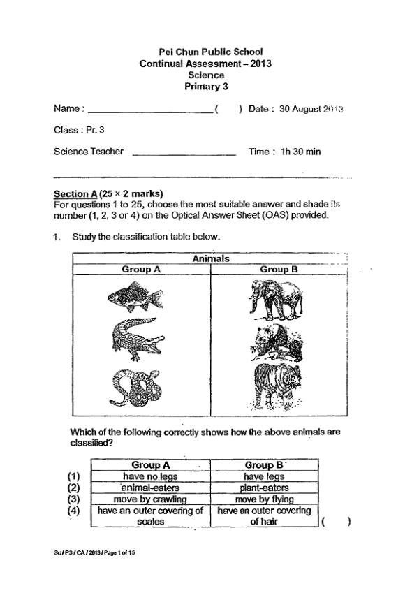 Pei Chun P3 Sci WA3 2013 exam paper PDF preview