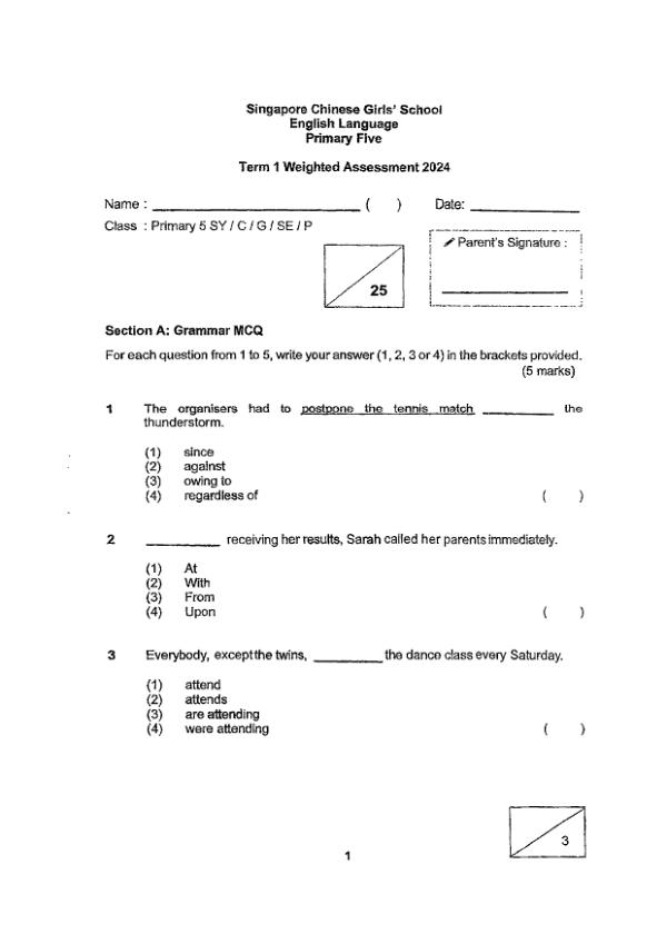 First page preview of P5 Eng 2024 WA1 — Singapore Chinese Girls