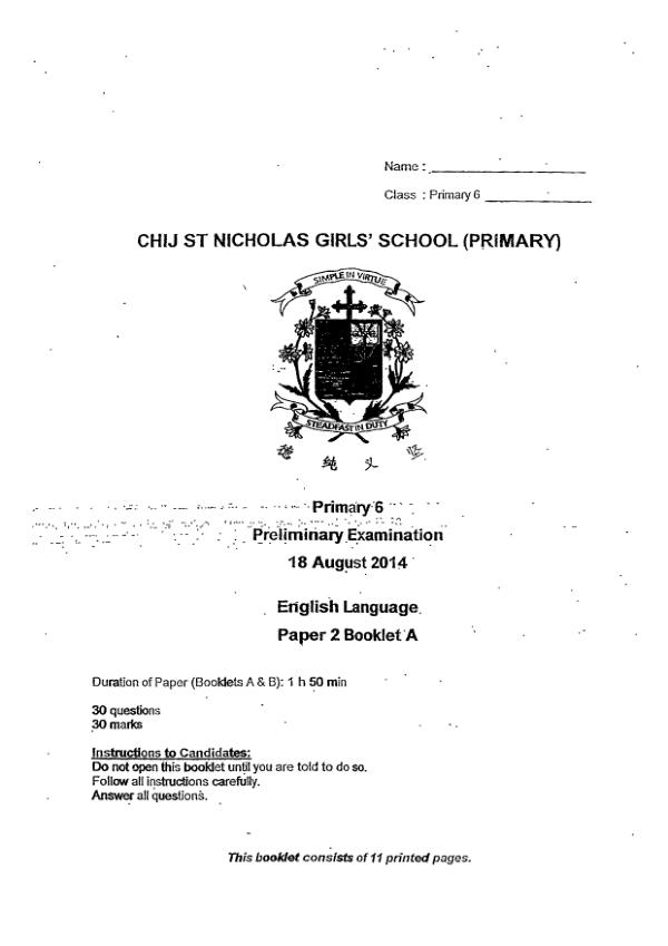 CHIJ P6 Eng SA2 2014 exam paper PDF first page preview