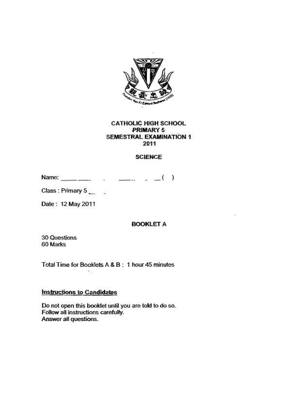 Catholic High P5 Sci WA2 2011 exam paper PDF preview