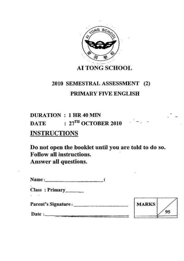 Ai Tong P5 Eng SA2 2010 exam paper PDF preview