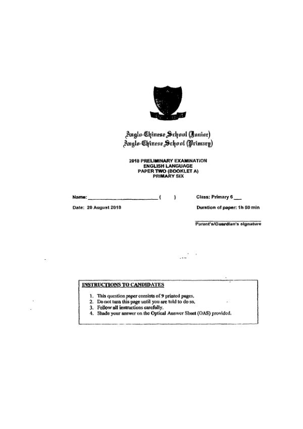 Anglo Chinese P6 Eng SA2 2018 exam paper PDF preview