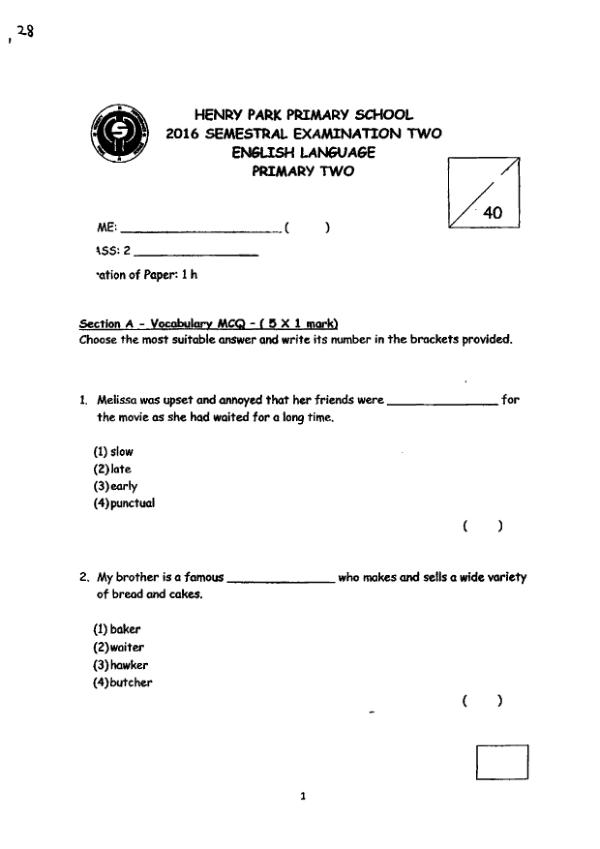 Henry Park P2 Eng SA2 2016 exam paper PDF preview