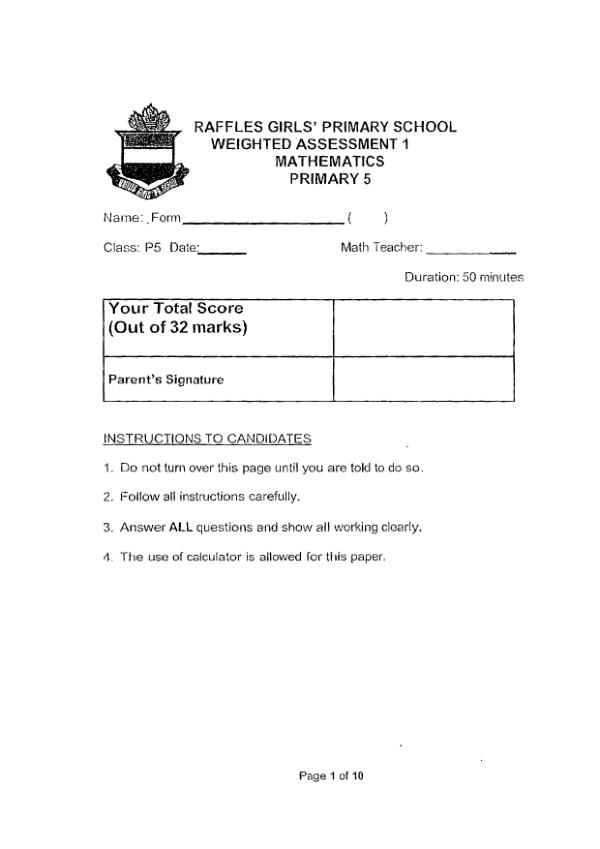 First page preview of P5 Math 2024 WA1 — Raffles Girls