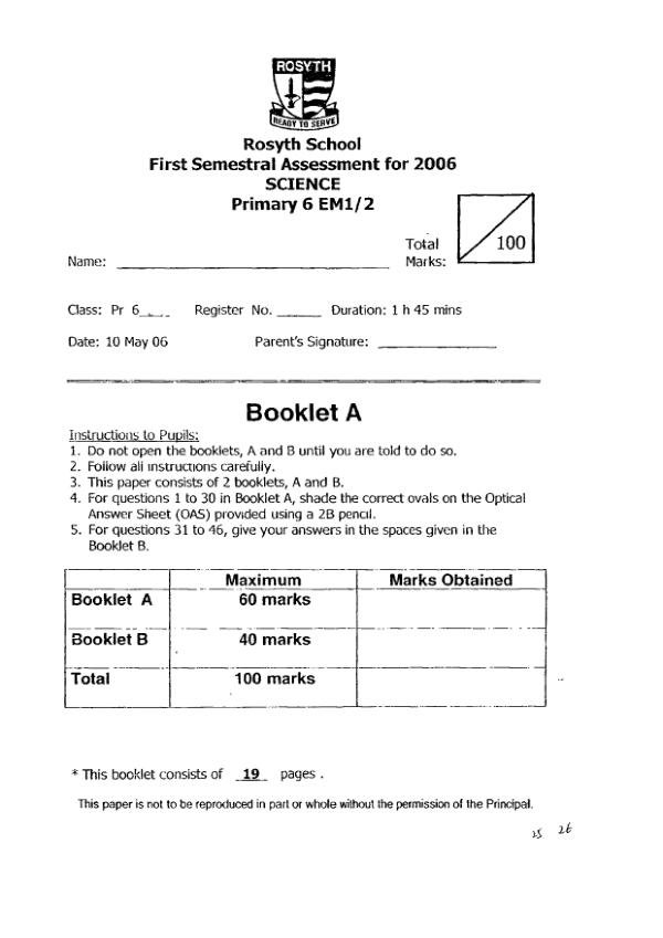 Rosyth P6 Sci WA2 2006 exam paper PDF preview