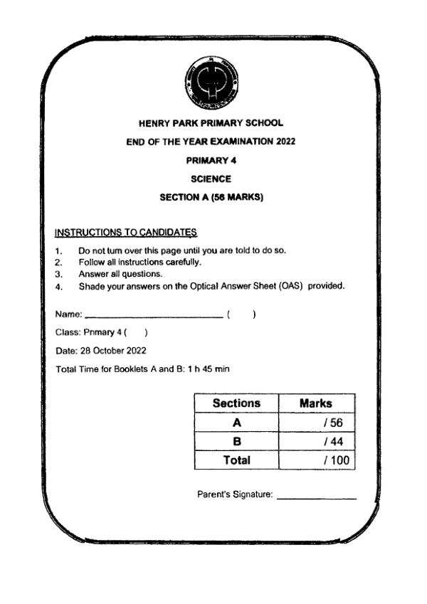 Henry Park P4 Sci SA2 2022 exam paper PDF preview