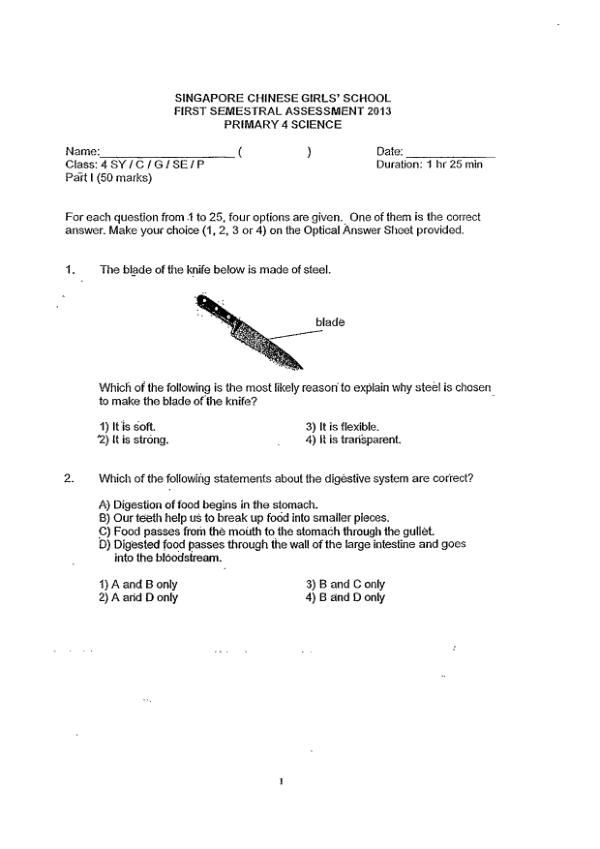 Singapore Chinese Girls P4 Sci WA2 2013 exam paper PDF preview