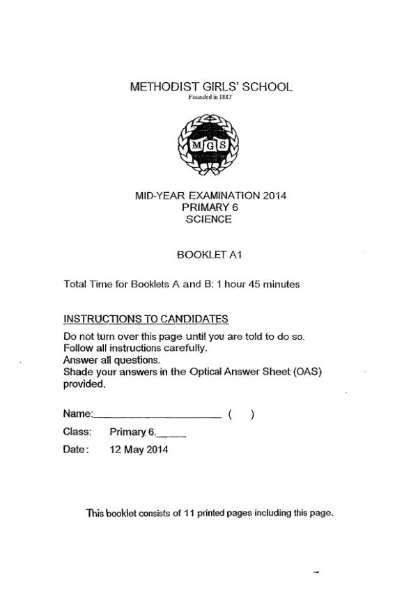 Methodist Girls P6 Sci WA2 2014 exam paper PDF first page preview