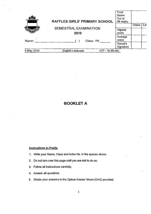 Raffles Girls P6 Eng WA2 2010 exam paper PDF first page preview