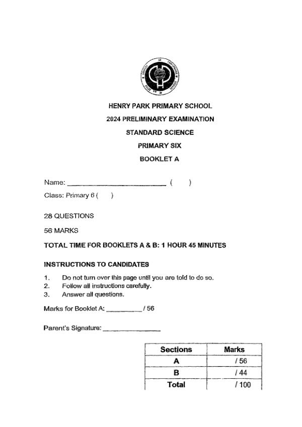 First page preview of P6 Sci 2024 SA2 — Henry Park