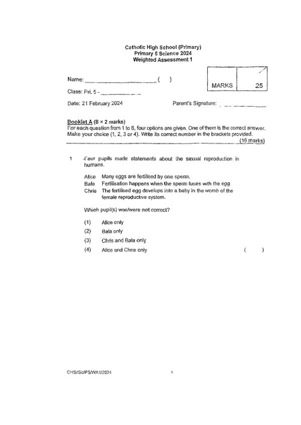 First page preview of P5 Sci 2024 WA1 — Catholic High