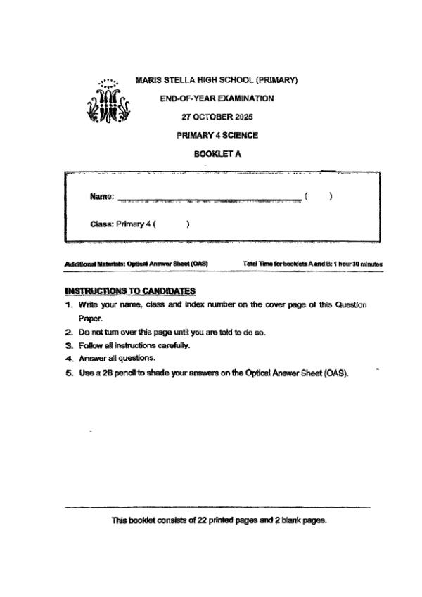 First page preview of P4 Sci 2025 SA2 — Maris Stella High
