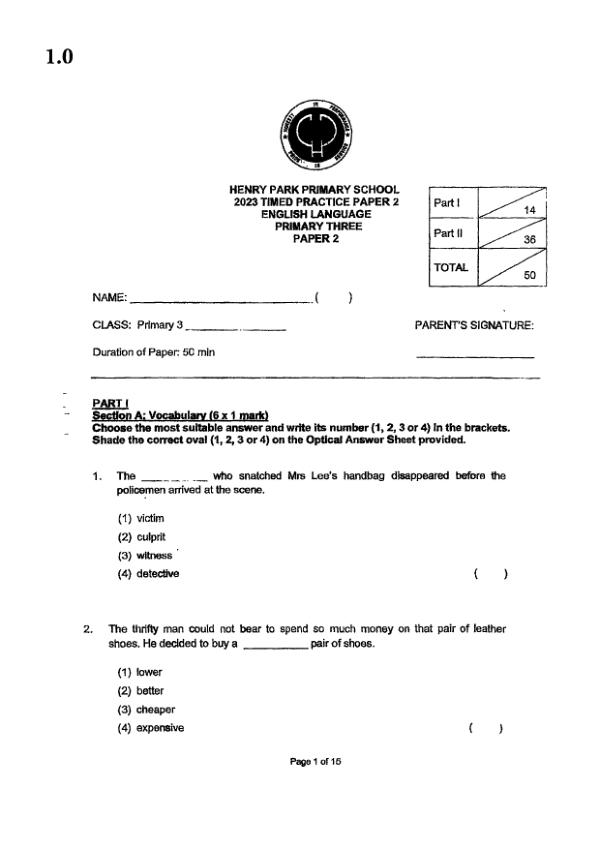 Henry Park P3 Eng WA3 2023 exam paper PDF first page preview