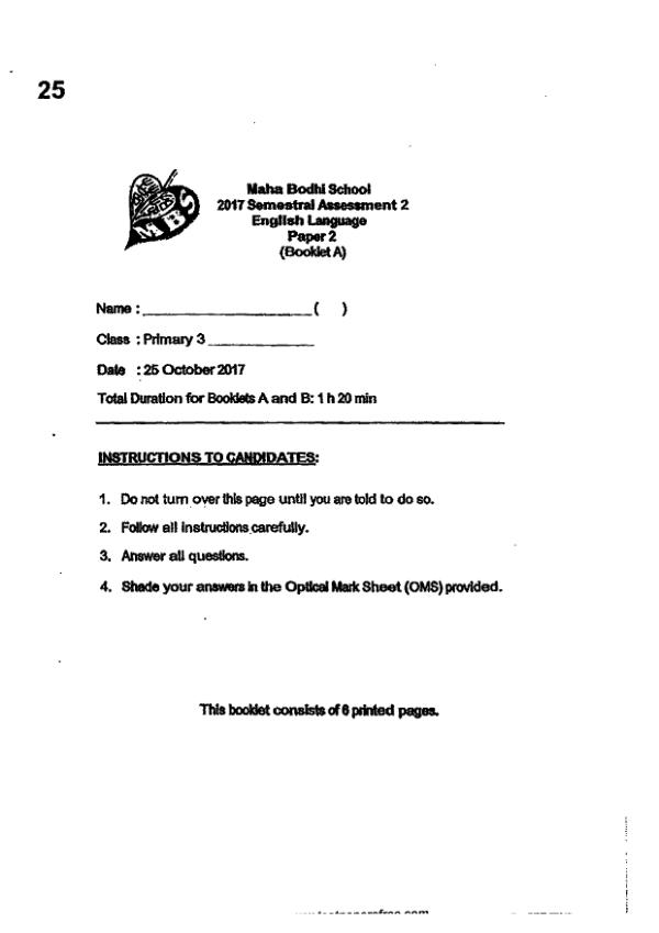 Maha Bodhi P3 Eng SA2 2017 exam paper PDF first page preview