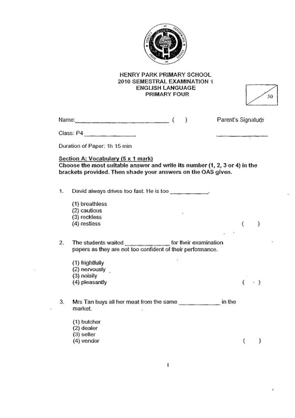Henry Park P4 Eng WA2 2010 exam paper PDF preview