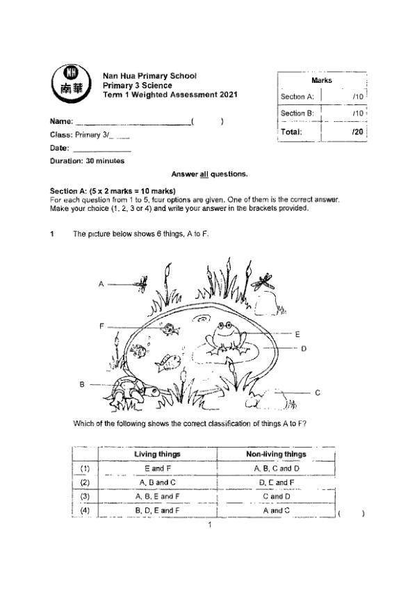 Nan Hua P3 Sci WA1 2021 exam paper PDF preview