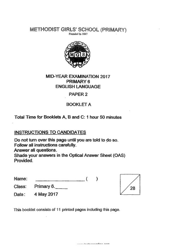 Methodist Girls P6 Eng WA2 2017 exam paper PDF first page preview