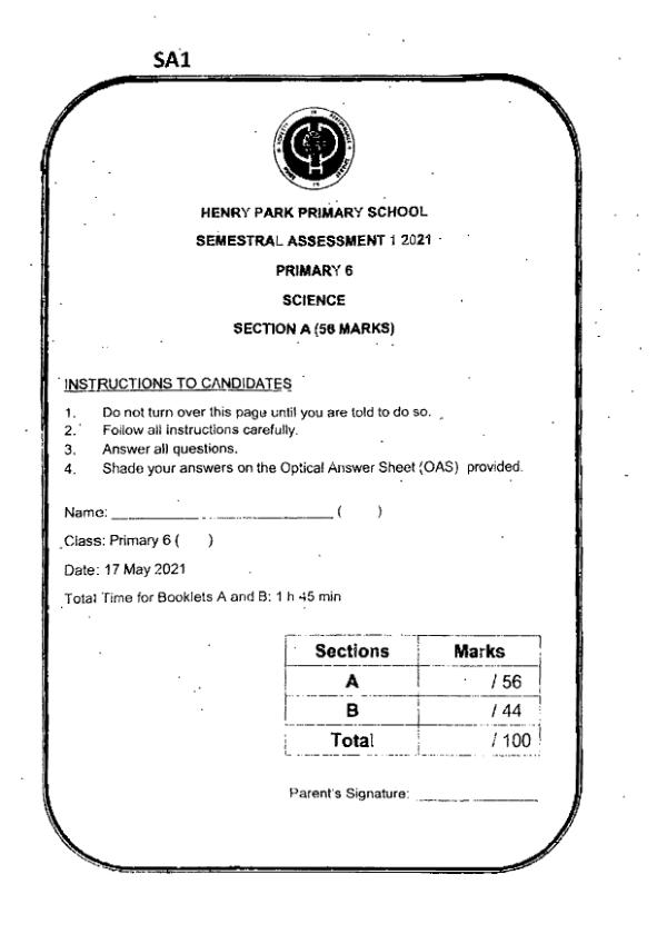 Henry Park P6 Sci WA2 2021 exam paper PDF first page preview