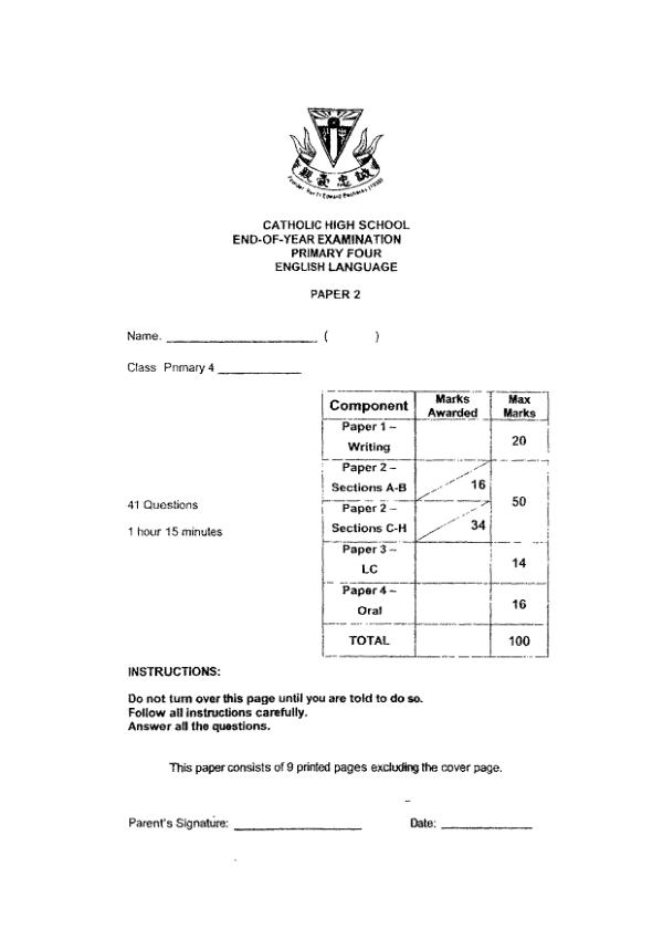 First page preview of P4 Eng 2024 SA2 — Catholic High