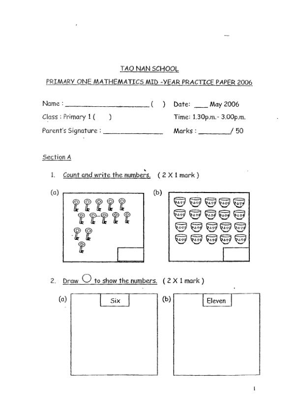 Tao Nan P1 Math WA2 2006 exam paper PDF preview