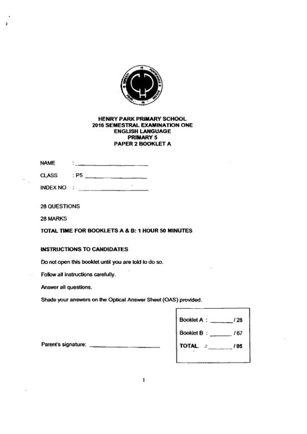 Henry Park P5 Eng WA2 2016 exam paper PDF first page preview