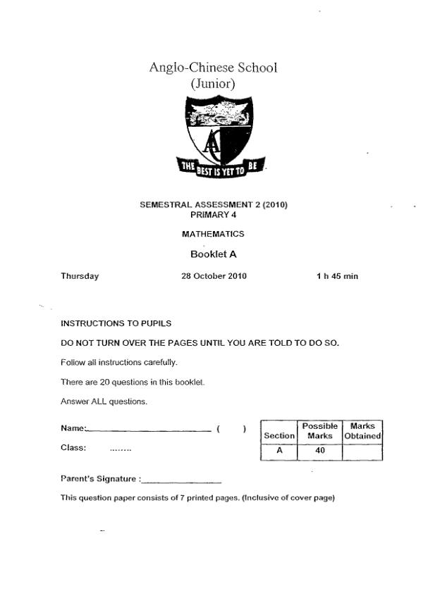 Anglo Chinese P4 Math SA2 2010 exam paper PDF preview